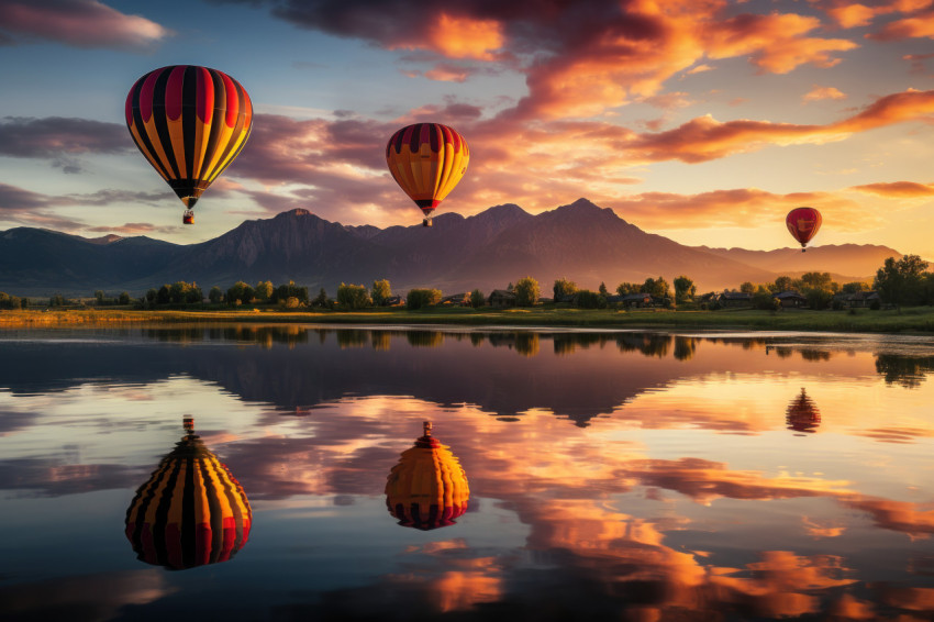 Lakeside sunrise hot air balloons casting reflections