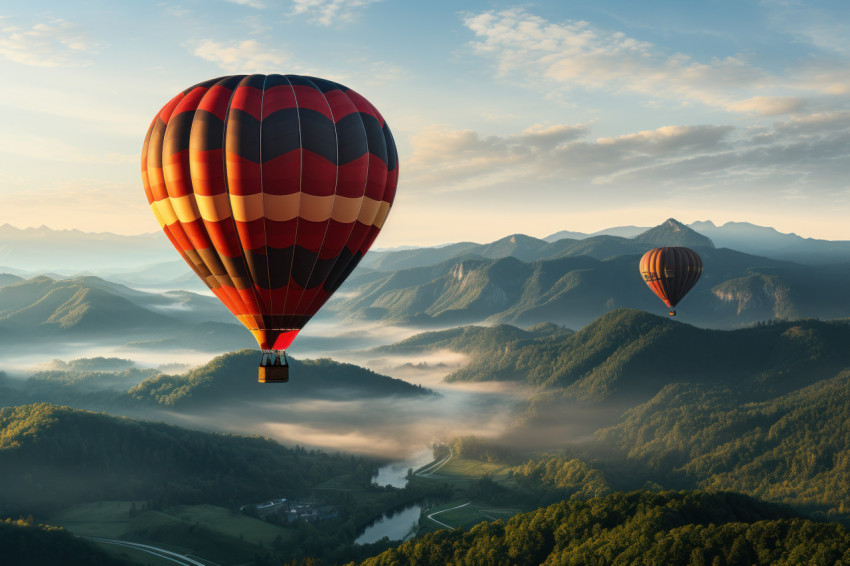 Sunrise soar hot air balloon among dawn peaks