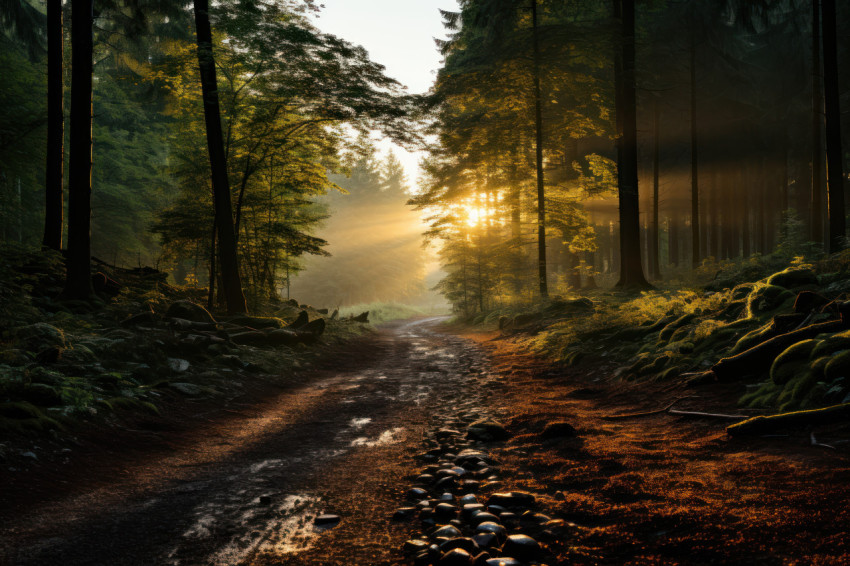 Misty woodland sunrise sunlight amidst forest