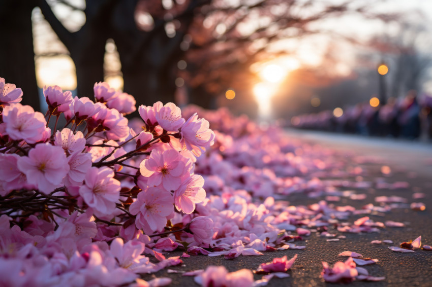 Morning sun illuminating cherry blossoms