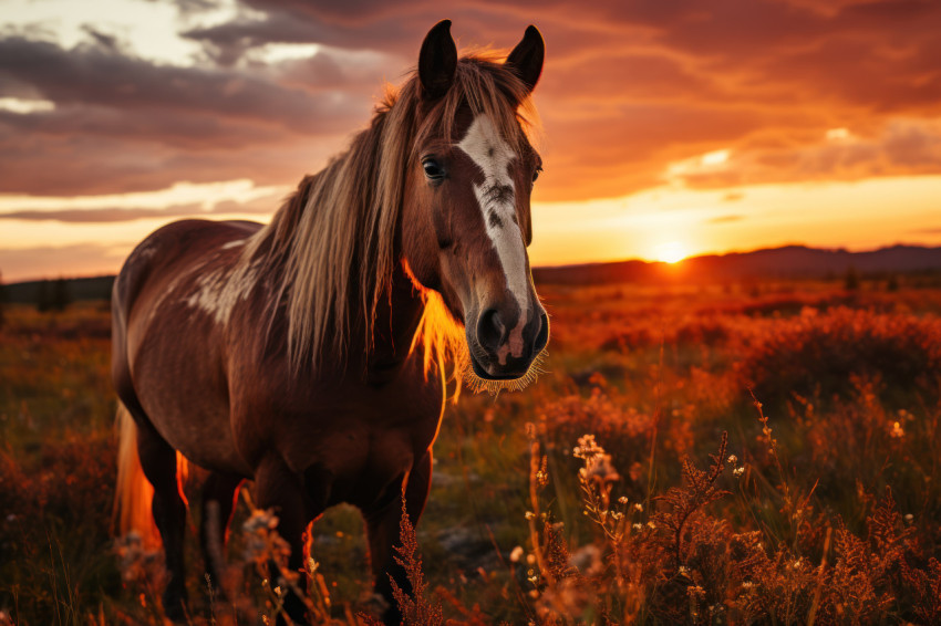 Harmony meadow horse under sunrise