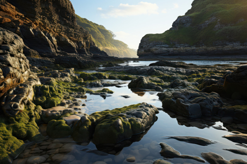 Seaside sunrise tide pools and seaweed under first light