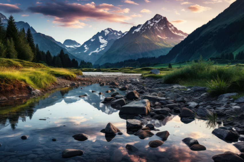 Twilight reflections on mountain lake