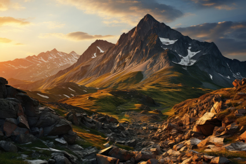 Twilight radiance sunset casting glow on mountain summit