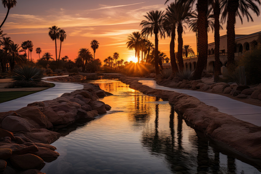 Serene oasis amidst evening glow