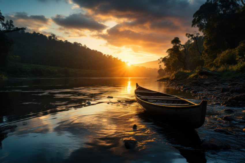 Canoe at rest on river sunset