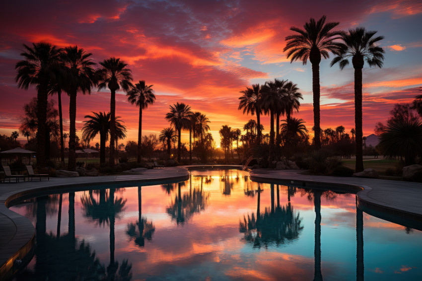 Desert oasis at sunset