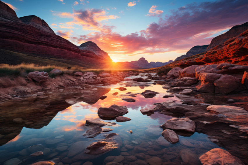 Vibrant sunset in tranquil mountain water