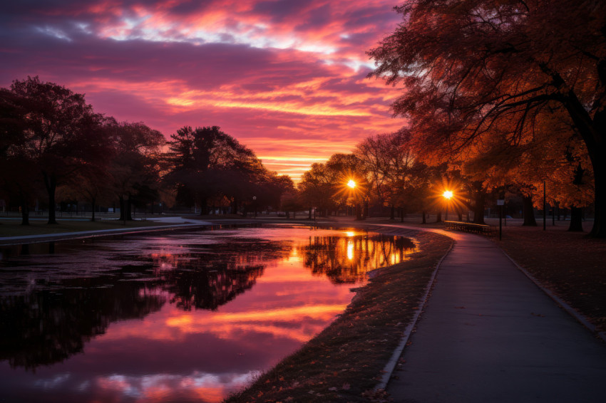 Sunset canopy city park serene pond and tree