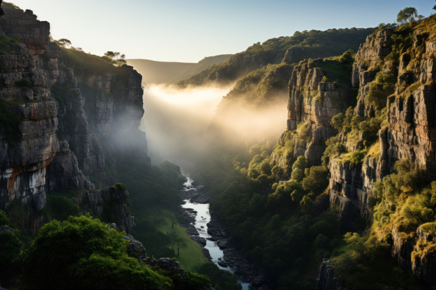 Misty cliffs awash in morning light