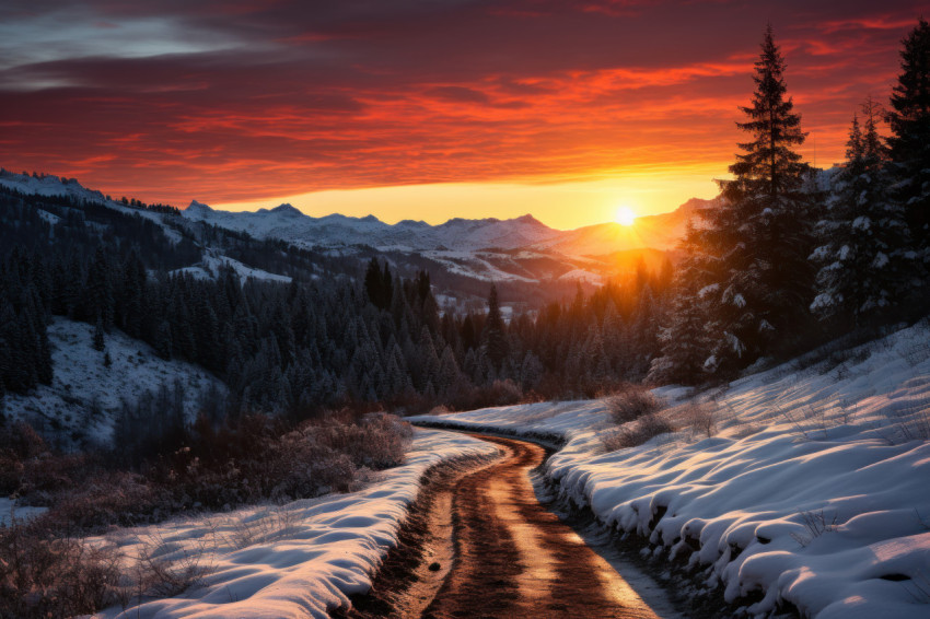 Sun setting over snow covered peak