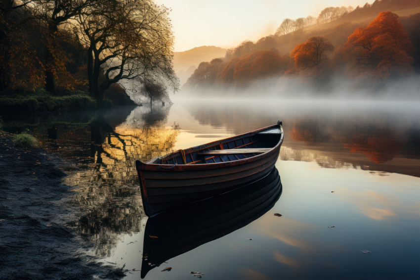 Boat reflection on sunrise riverbank