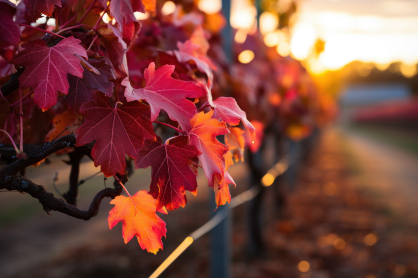 Vineyard autumn leaves aglow at sunset