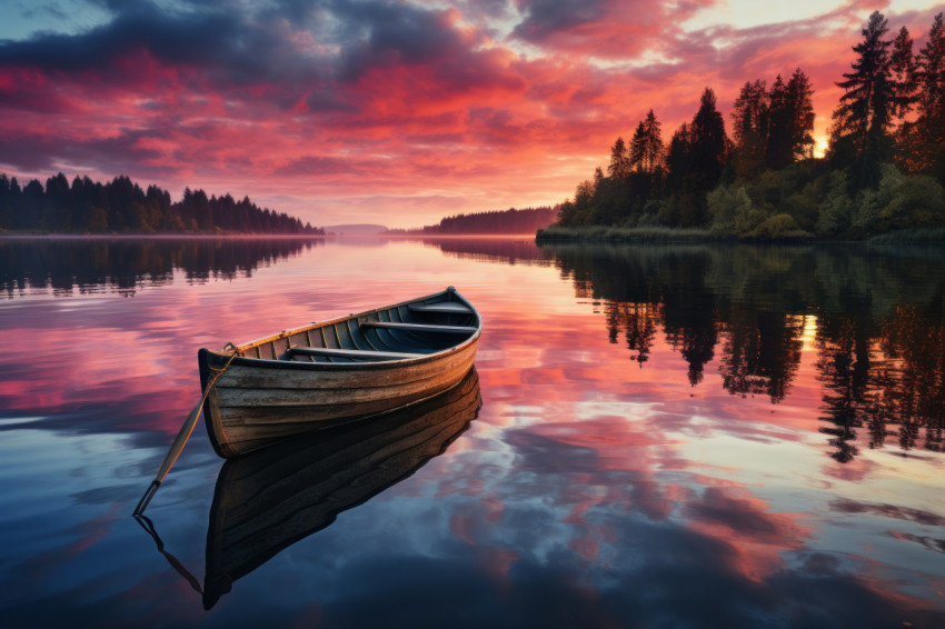 Serene rowboat on quiet lake sunrise