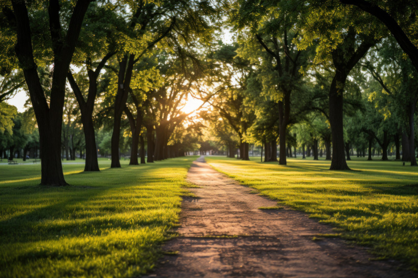 City park long shadows in sunset glow