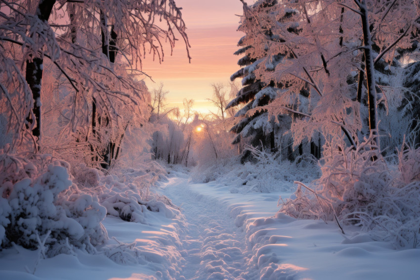 Snow clad forest bathed in morning glow