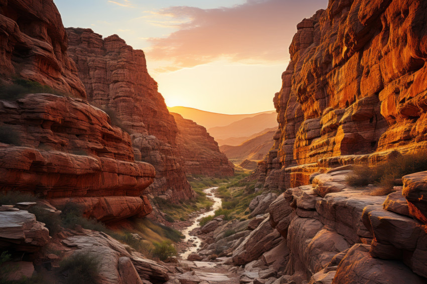 Sunset embrace on desert canyon rocks