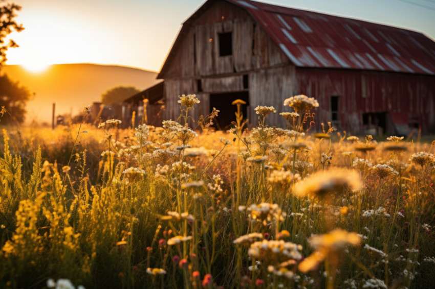 Countryside barn amid morning wildflower field