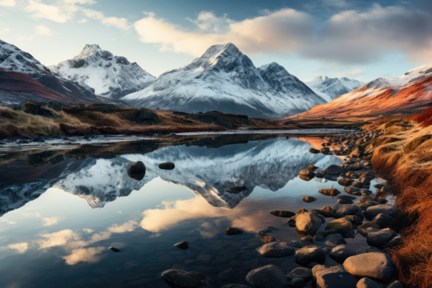 Morning reflection twin peaks in lake sunrise mirror