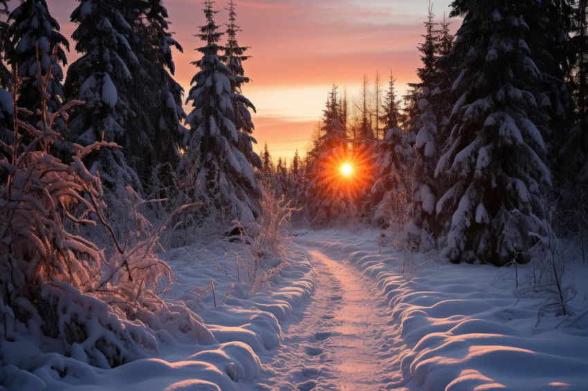 Snowbound serenade sun radiance on alpine woods