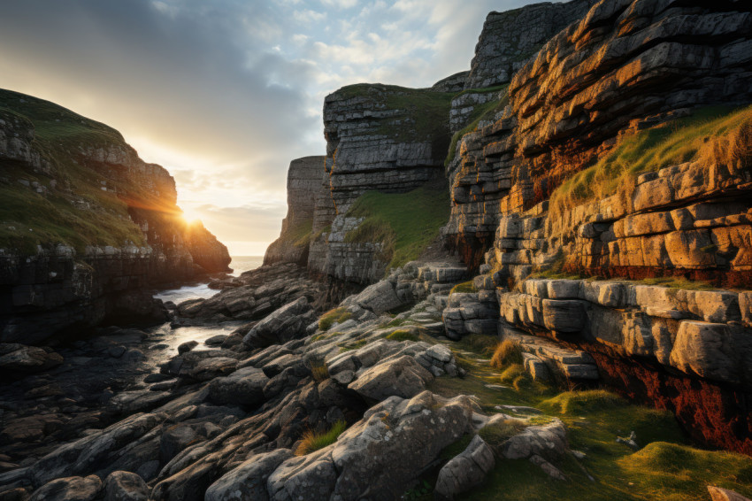 Morning grandeur sunrise reveals seaside cliffs beauty