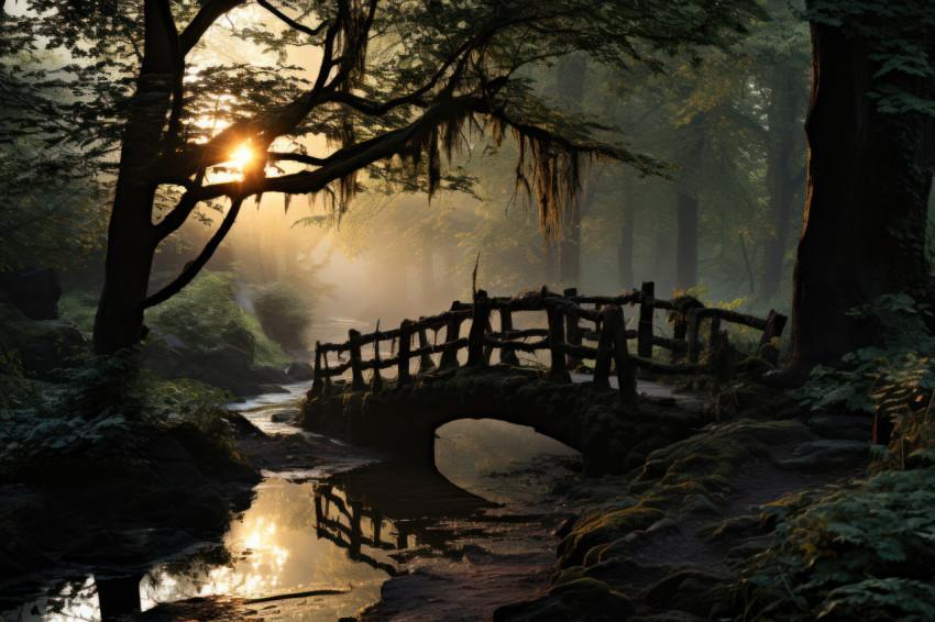 Wooden bridge in misty sunrise