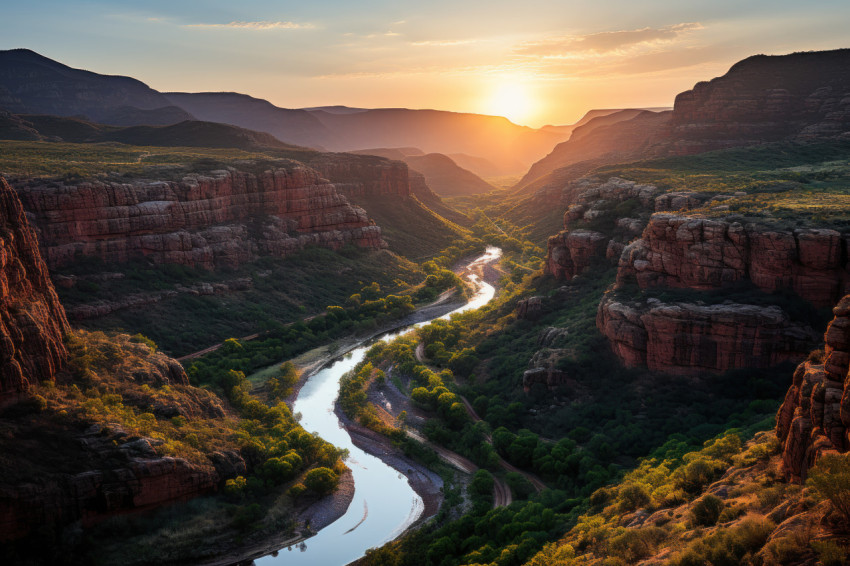 Evening reflections river grace in canyon sunset hue