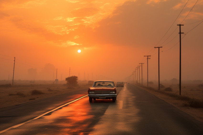 Sun glow through indian highway mist