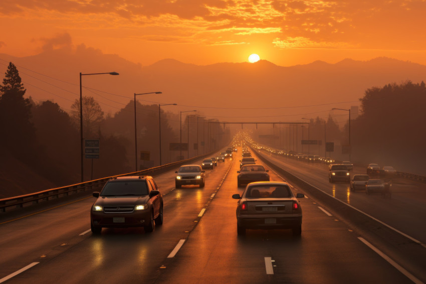 Cars amidst highway sunset hues