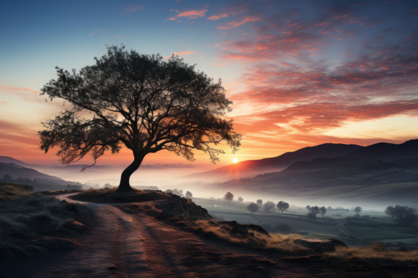 Reverie lone tree in serene mist