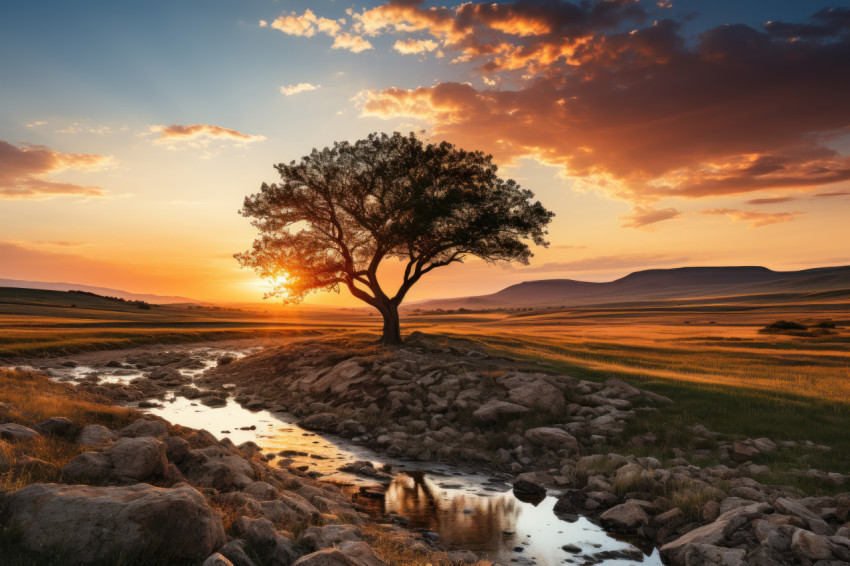 Sunset lone tree in the field twilight