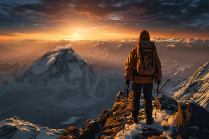 Silhouettes scaling mountain towards sunset