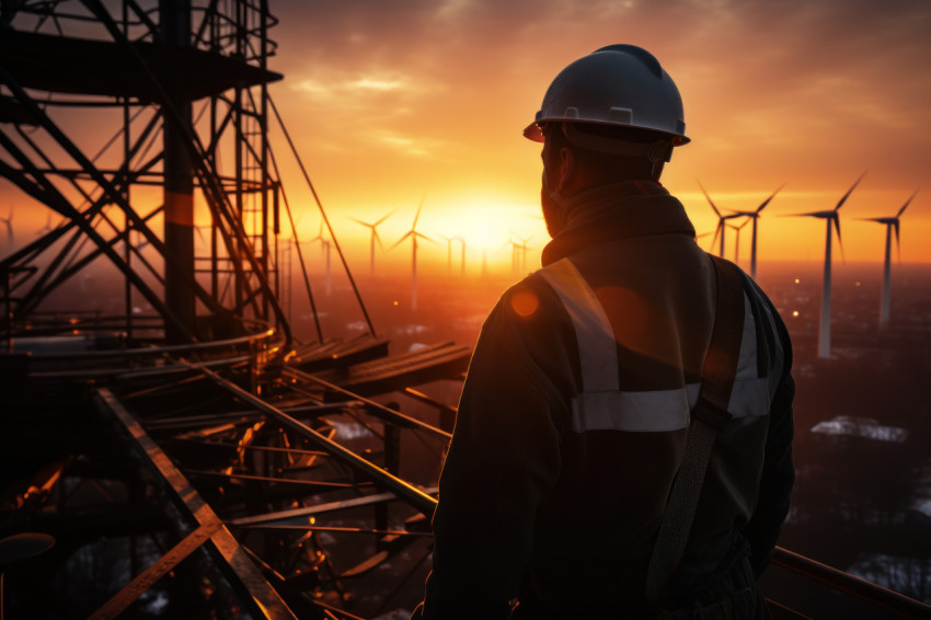 Sunset survey man in safety gear inspects windmill