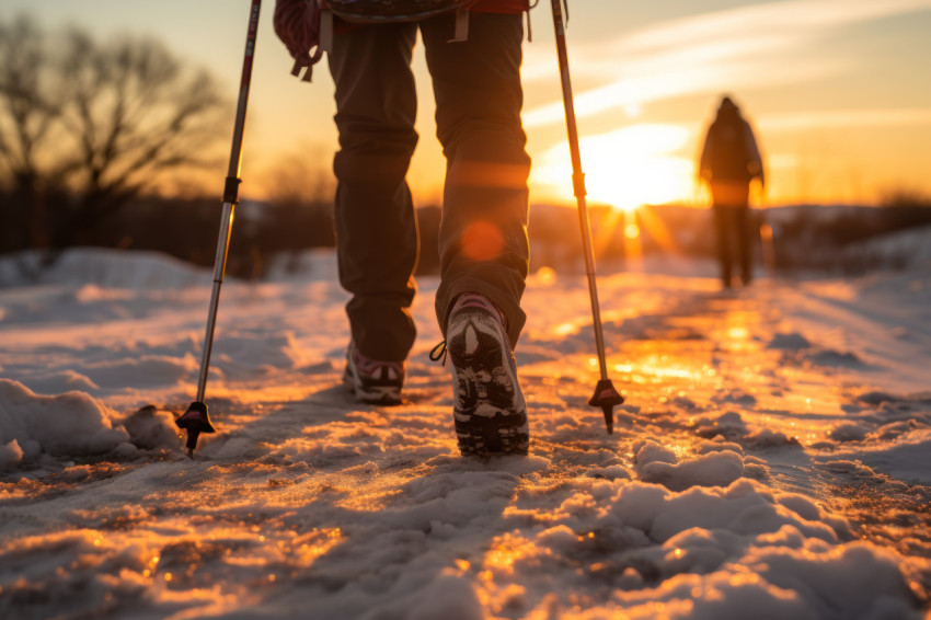 Ski gear feet walking in snowy sunset