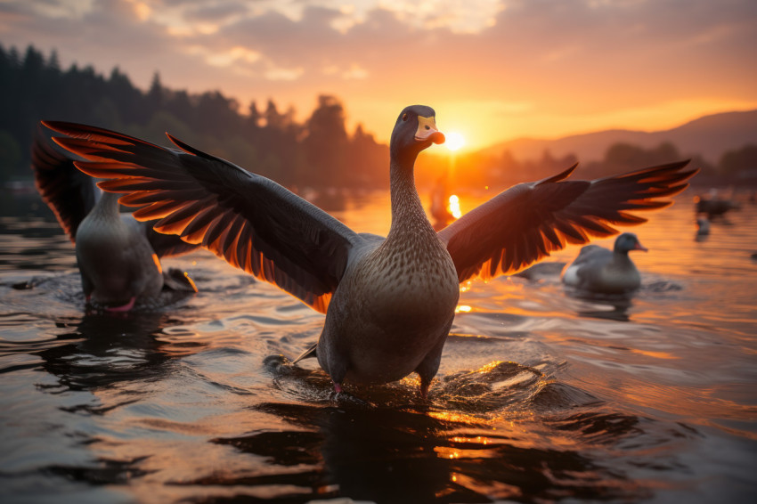 Geese flock in aerial dance above lake