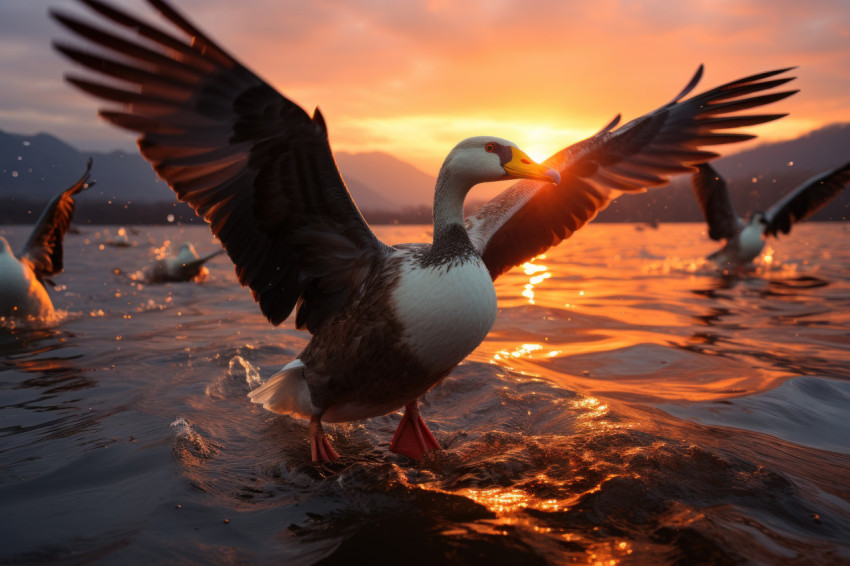 Abundance of geese in sunset flight