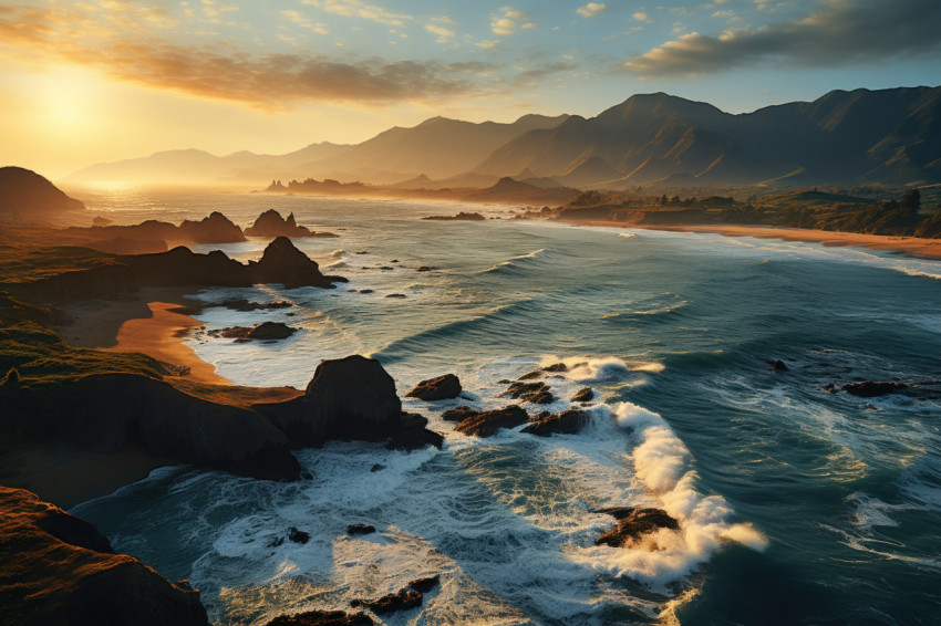 Coastal mountains basking in morning sunlight