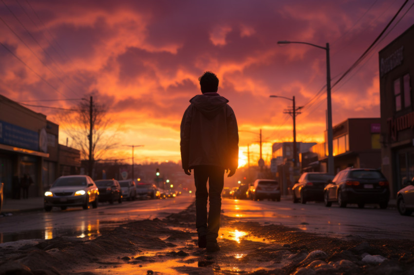 Silhouetted urban walker amidst evening glow