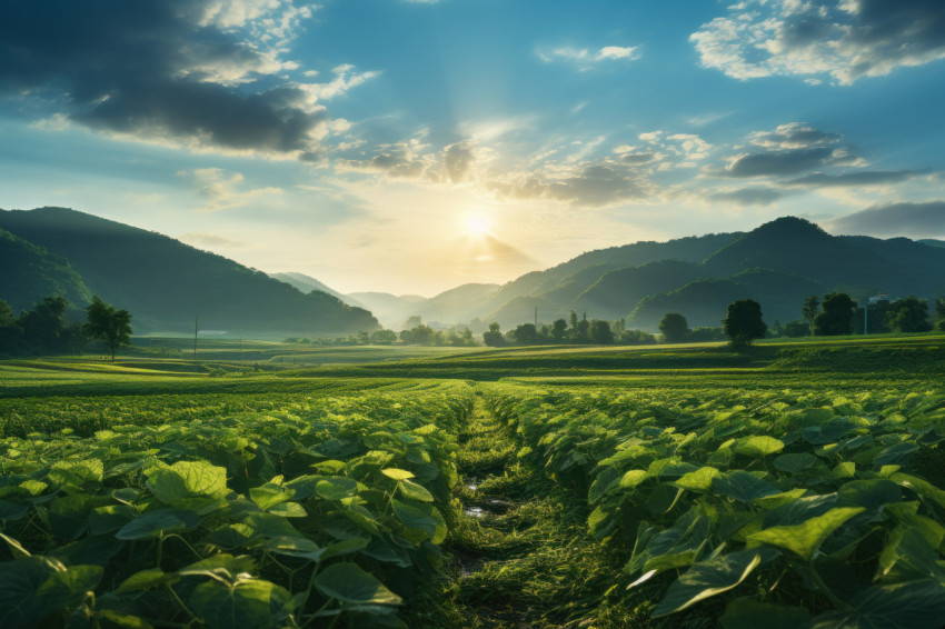 Sunlight casting brilliance across green rice field