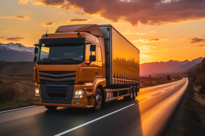 Truck driving alongside the setting sun