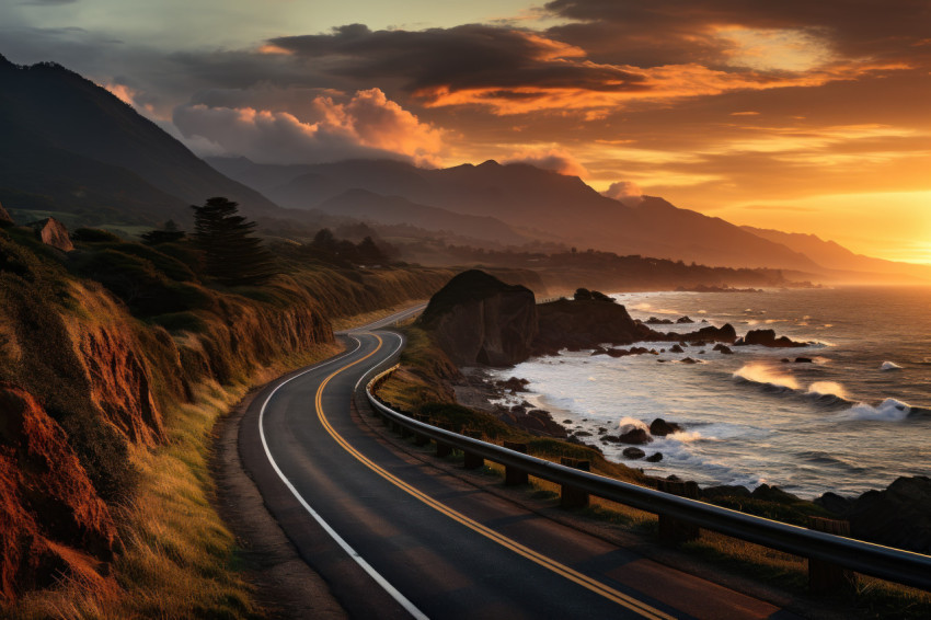 Empty road with ocean and mountain views