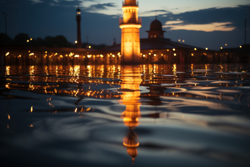 Mosque minaret reflected in water during prayer