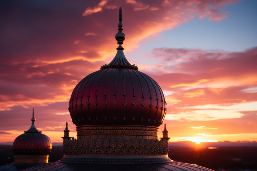 A captivating view of a mosque dome highlighting its intricate design in the colorful twilight