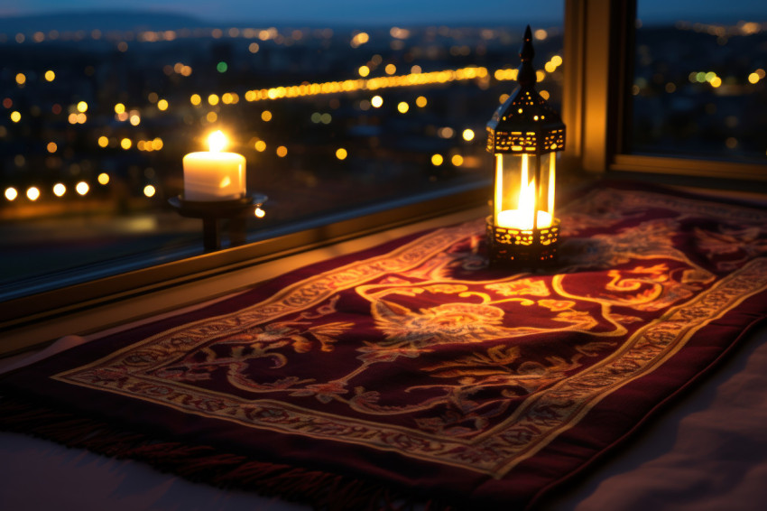 Prayer mat laid out on a balcony with city lights shining in the background