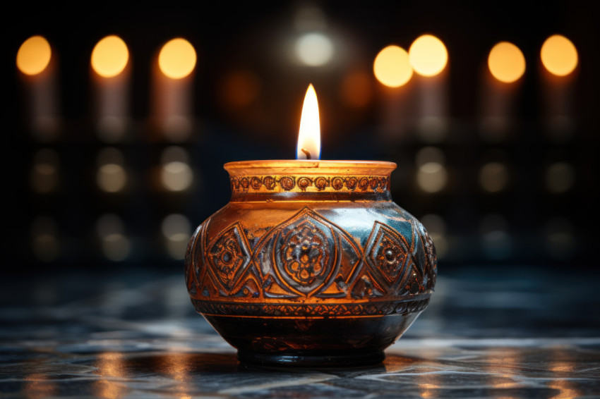 A close up of a candle in a softly lit room's prayer corner