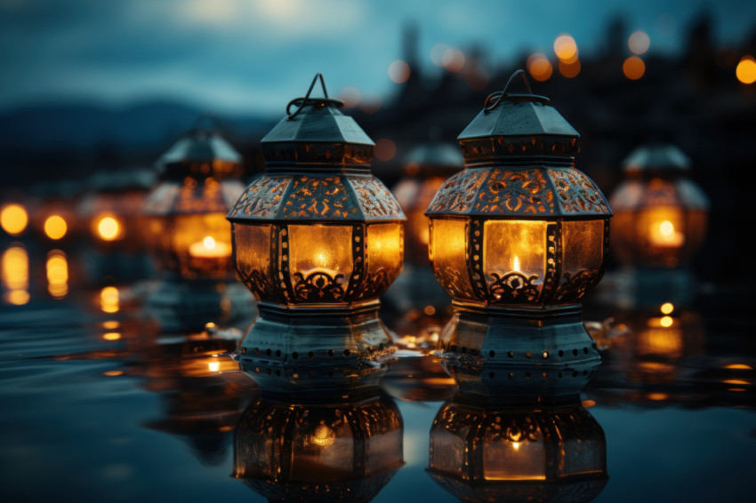 Calm water surface mirrors the tranquility of iftar lanterns