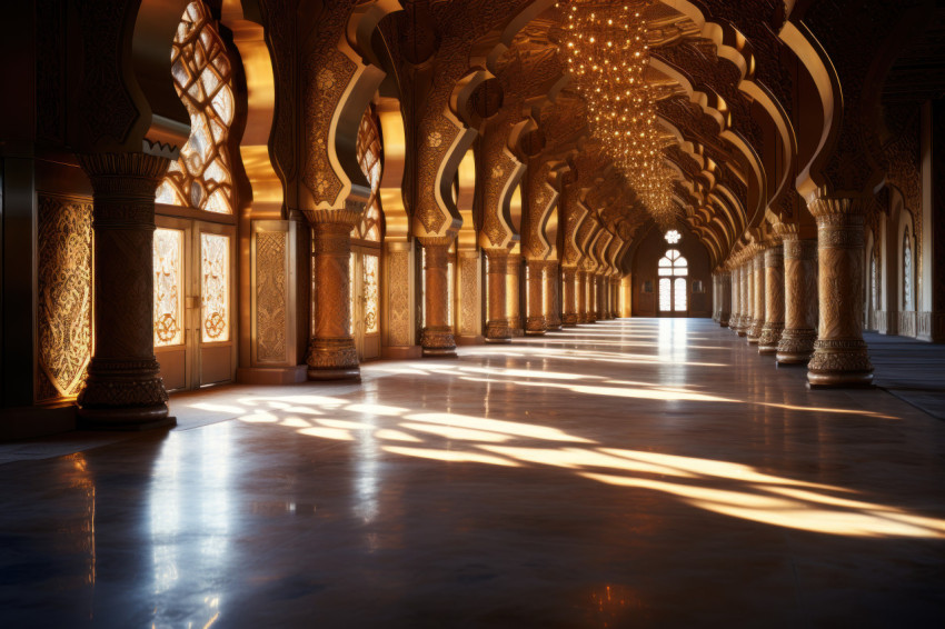 Mesmerizing sunrise at the mosque with radiant golden arches