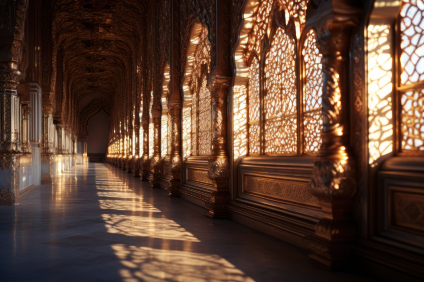 Sunlight caresses the intricate mosque facade