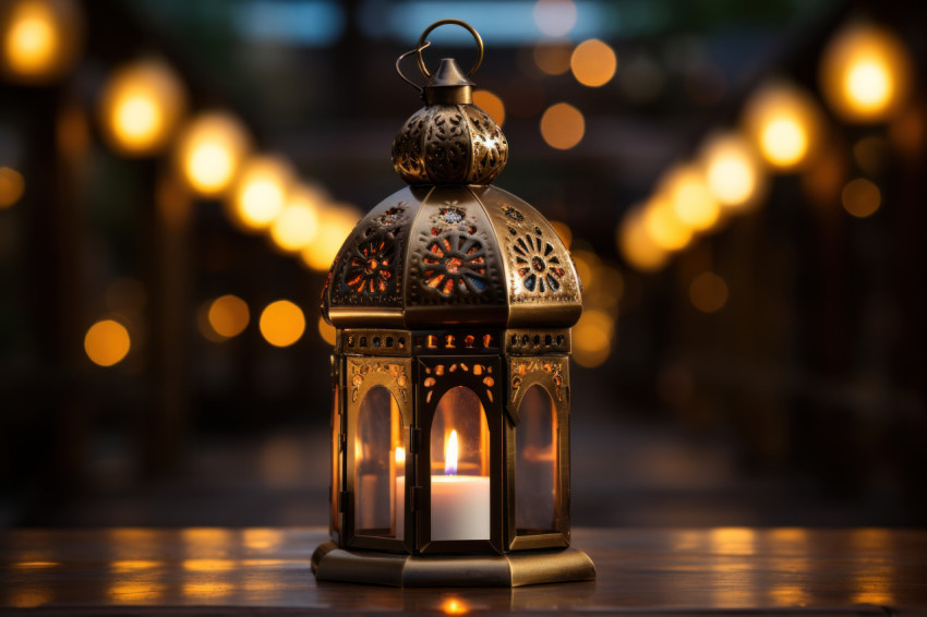 Antique gold lantern casting a soft radiance on a flat wooden base