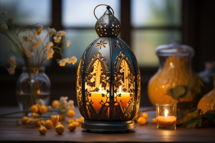 Exquisite metal lamp with intricate arabic design on a wooden table